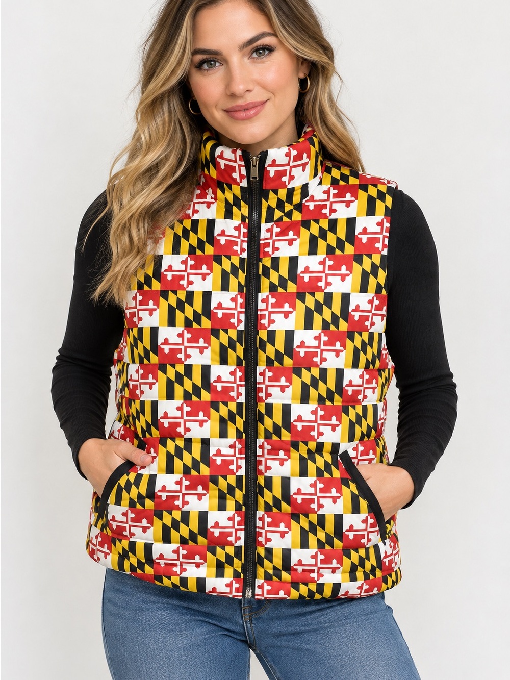 Maryland Flag Print Puffer Vest - Red, Yellow & Black Reversible